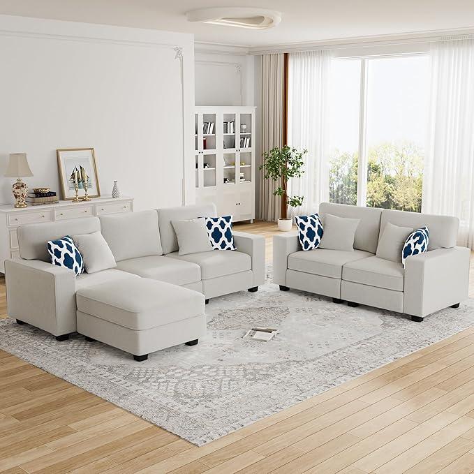L Lengend Vansen Modular Sectional Sofa U Shaped Couch with Ottoman Modern Reversible Corner Sectional Couch for Living Room (Cream, 2+3 with Ottoman)