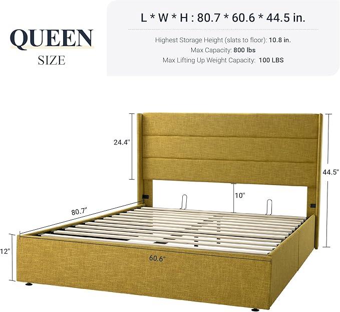 Allewie Queen Size Lift Up Storage Bed, Modern Wingback Headboard, Hydraulic Support, No Box Spring Needed, Olive Yellow