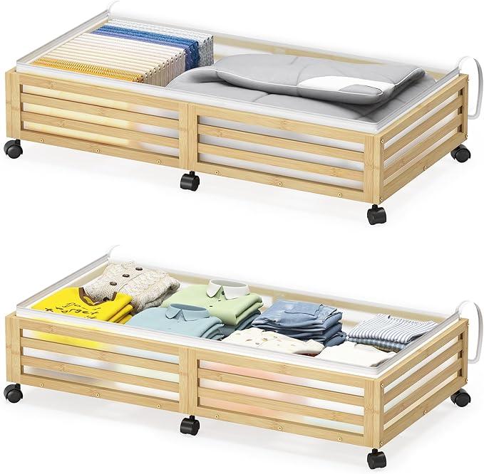 Under Bed Storage with Wheels-Large Bamboo Underbed storage Containers with Large Dust Bag Stackable Under the Bed Shoe Storage Bins for Clothes Books Bedding (2 Packs Nature, 33.07