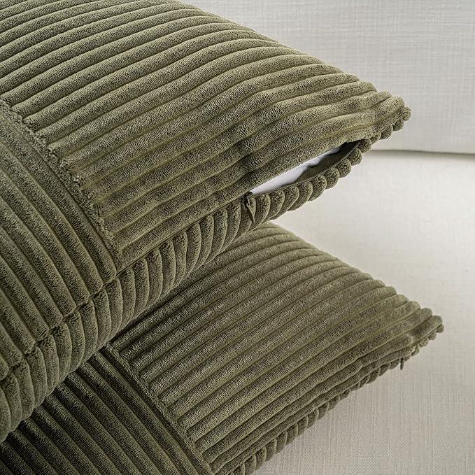 Fancy Homi Set of 2 Olive Green Boho Long Lumbar Body Decorative Throw Pillow Cover 14x36 Inch for Bed Couch Bedroom Bench, Soft Patchwork Corduroy Textured Pillow Case, Rustic Farmhouse Room Décor