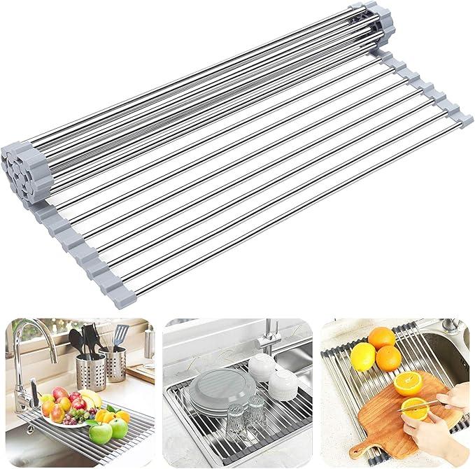Searik Roll up Dish Drying Rack, Over The Sink Rolling Dish Drainer Rack Multipurpose Foldable Kitchen Stainless Steel Dish Rack Sink Drying Rack for Kitchen Sink Counter (17