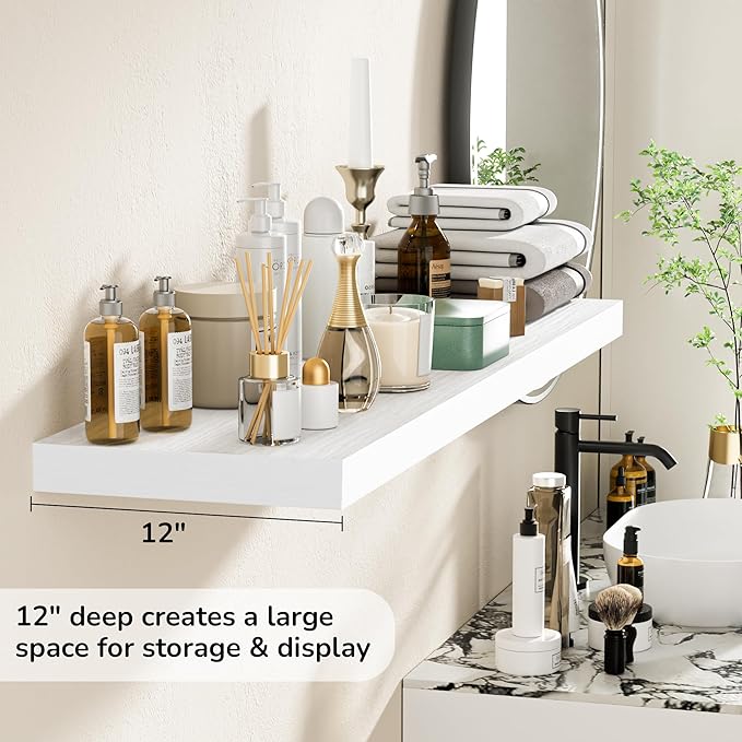 Fun Memories Floating Shelves - 12 Inch Rustic Wooden Wall Shelves - Extra Deeper & Thicker Wall Mounted Storage Shelf for Living Room, Kitchen, Farmhouse - 48