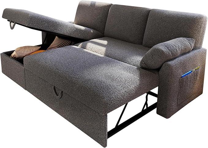 VanAcc Sofa Bed, Sleeper Sofa with Storage Chaise- 2 in 1 Pull Out Couch Living Room, Comfy Sleeper Couch, Grey Boucle