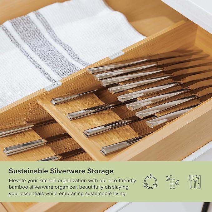 Premium Cutlery, Flatware, and Silverware Drawer Organizer – Slanted 3-Compartment Design with Labeled Slots, Non-Slip Feet, 100% Sustainable Bamboo