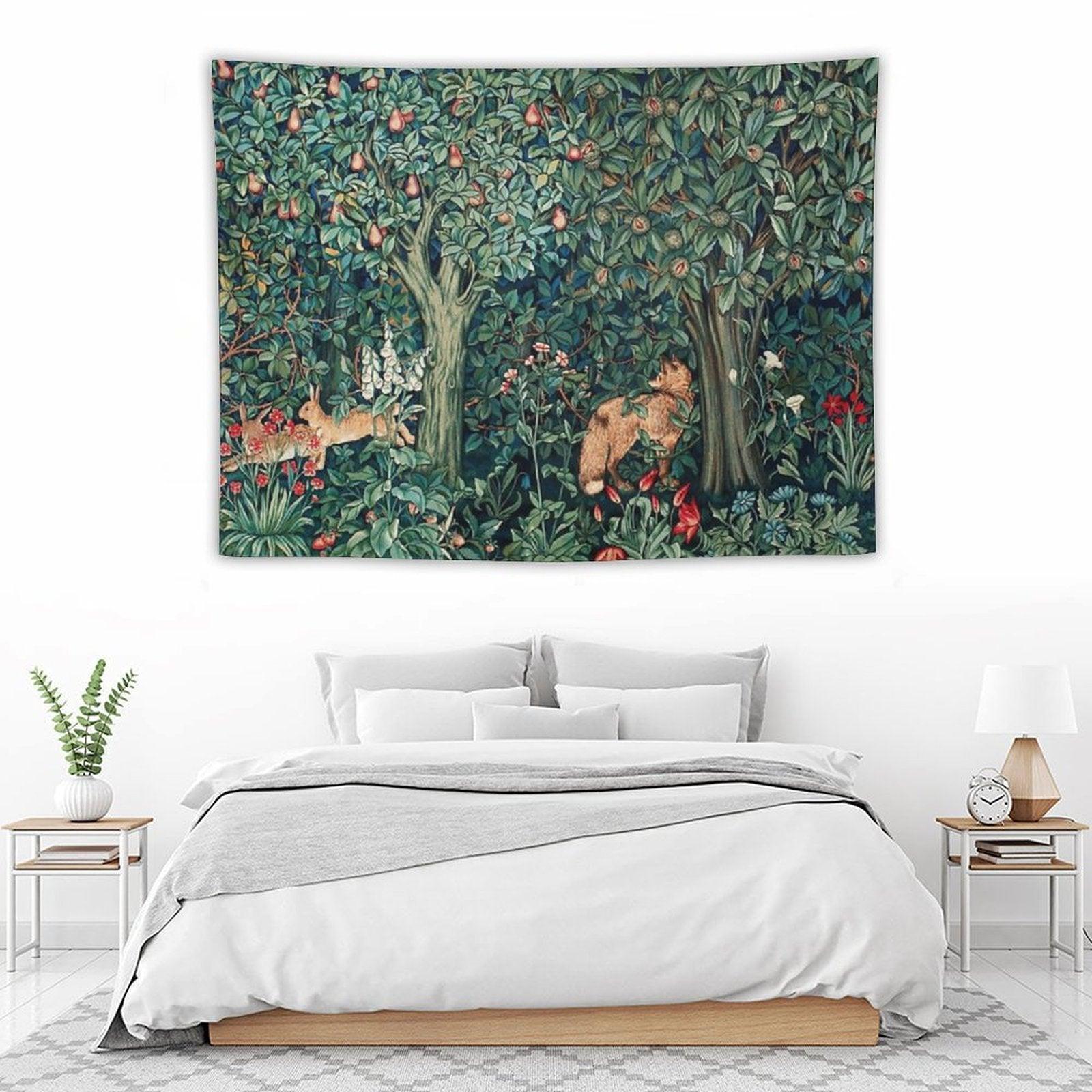 GREENERY, FOREST ANIMALS Fox And Hares Blue Green Floral Tapestry Tapestry