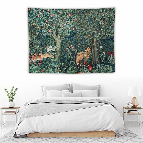 GREENERY, FOREST ANIMALS Fox And Hares Blue Green Floral Tapestry Tapestry