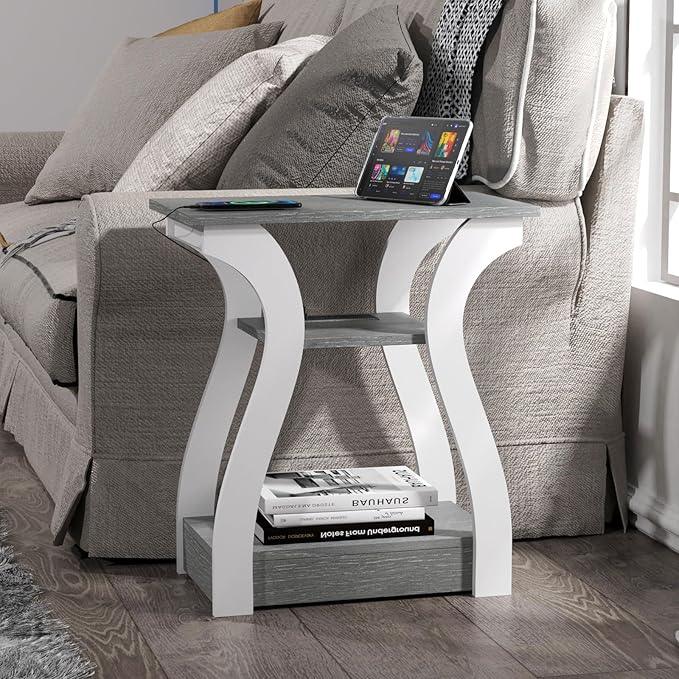 End Tables Living Room Set of 2,Grey End Table with Charging Station,Grey Side Table, Nightstand for Bedroom, 3 Tier End Table with Storage Shelf for Living Room