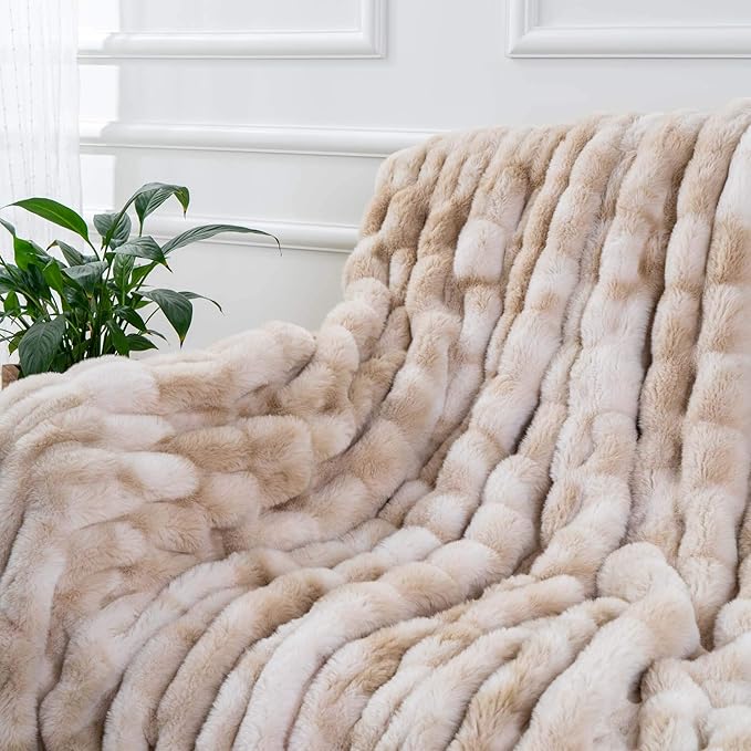 BATTILO HOME Ruched Luxury Faux Fur Throw Blanket Beige Tie-dye Rabbit Fur Blanket for Couch, Living Room, Fuzzy, Soft, Plush, Cozy, Elegant with Reversible Mink Blanket Beige, 60