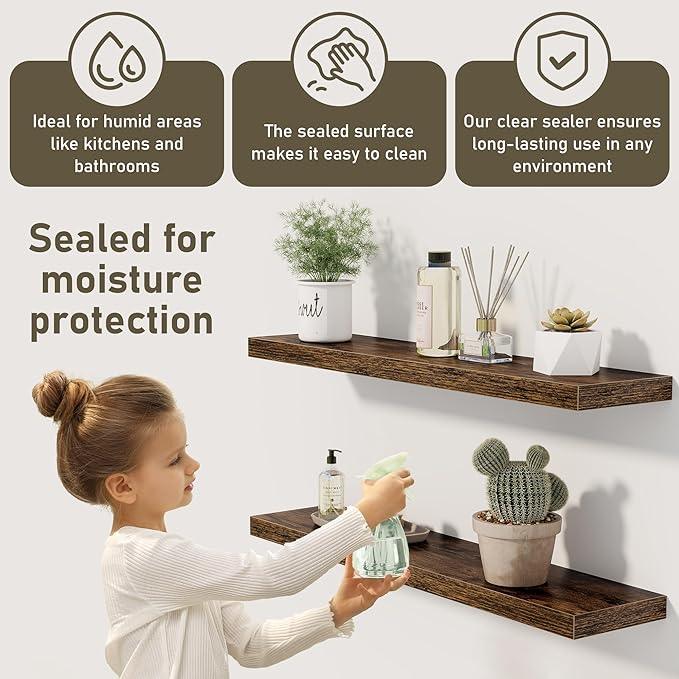 Fun Memories Floating Shelves Wall Shelf 24 inches Long, Farmhouse Bathroom Shelves Bedroom Kitchen Living Room Shelf Wall Mounted, 24 x 6.7 x 1.4 inch Set of 3, Rustic Brown