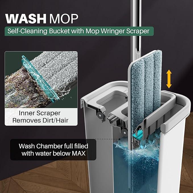 JOYMOOP Mop and Bucket with Wringer Set, Hands Free Flat Floor Mop and Bucket, with 5 Washable Microfiber Pads, Wet and Dry Use, Floor Cleaning System