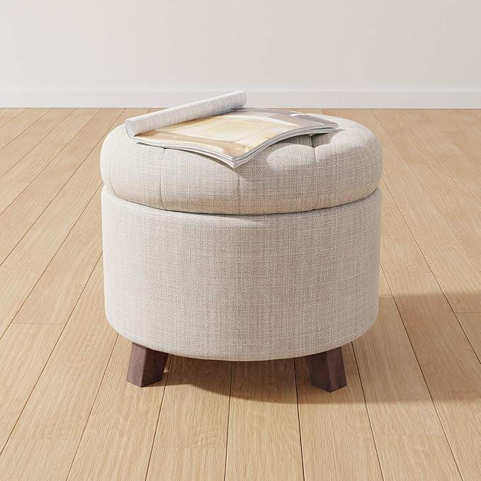 Amazon Basics Round Linen Ottoman with Storage, Tufted Upholstered Footstool for Living Room and Bedroom, 20