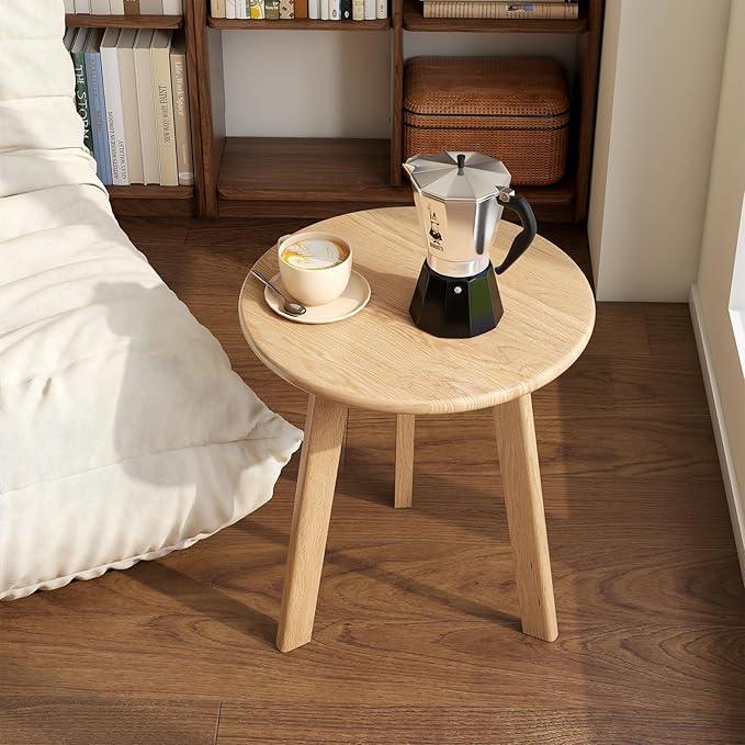 100% Solid Oak Round Side Table Set of 2, Small Bedside Table for Small Spaces, Living Room End Table with Stable Frame, Modern Nightstand for Bedroom Couch(Natural, 17.71