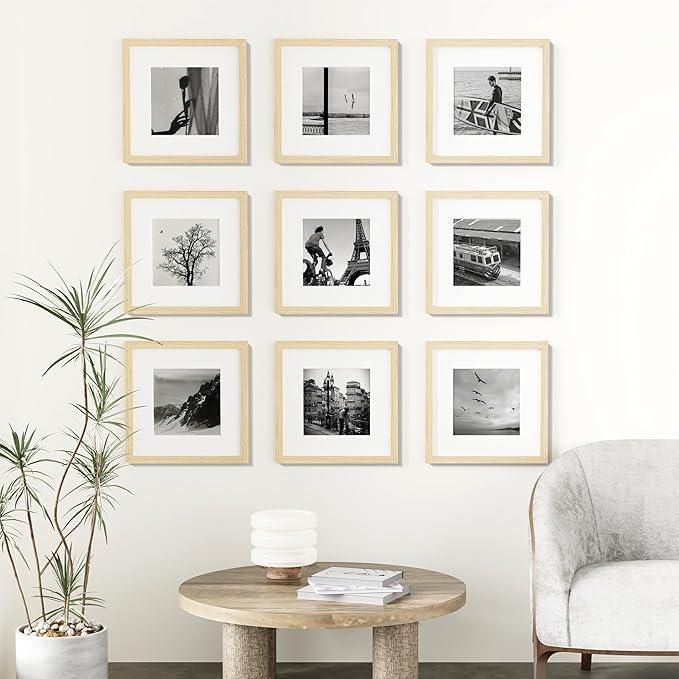 Vittanly 12x12 Picture Frames Set of 9, Shatter Resistant Plexiglass, Display 8x8 Pictures with Mat or 12x12 without Mat, Photo Frames for Wall Mount, Engineered Wood, OAK