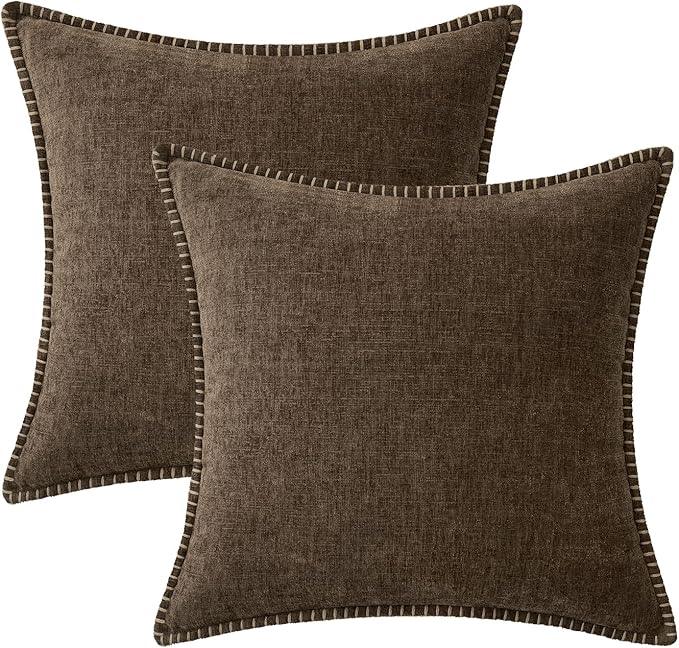 MIULEE Pack of 2 Couch Throw Pillow Covers 20x20 Inch Brown Farmhouse Decorative Pillow Covers with Stitched Edge Soft Chenille Solid Dyed Spring Pillow Covers for Sofa Bed Living Room