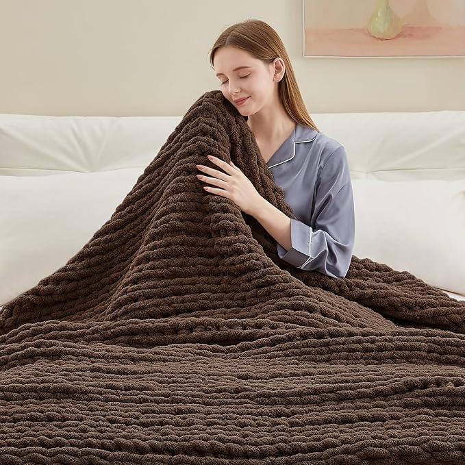 Chunky Knit Throw Blanket, 30''*40'' Knitted Throw Chenille Yarn for Bed Couch, Handmade Dark Brown Crochet Big Thick Blanket, Machine Washable Cute Comfy Blanket for Home Decor