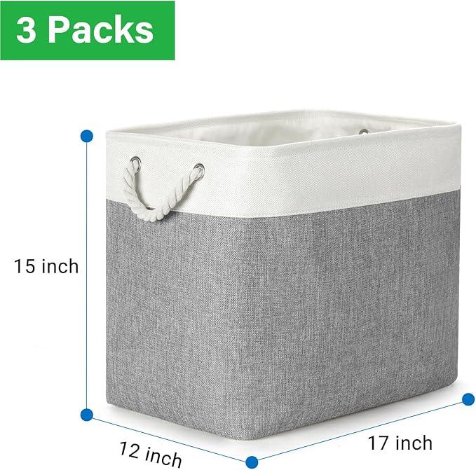 Bidtakay Extra Large Storage Baskets for Organizing 17x12x15.1 inch 3-Pack Fabric Closet Organizers Storage Bins with Handles Foldable Storage Baskets for Shelves Clothes XL-White&Grey