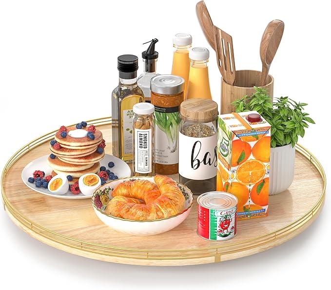24 Inch Extra Large Lazy Susan Turntable - Premium Solid Oak Wood & Iron | Rustic Farmhouse Rotating Tray for Dining Table, Kitchen Countertop, Centerpiece Decor | Smooth 360° Spin | Durable & Stylish