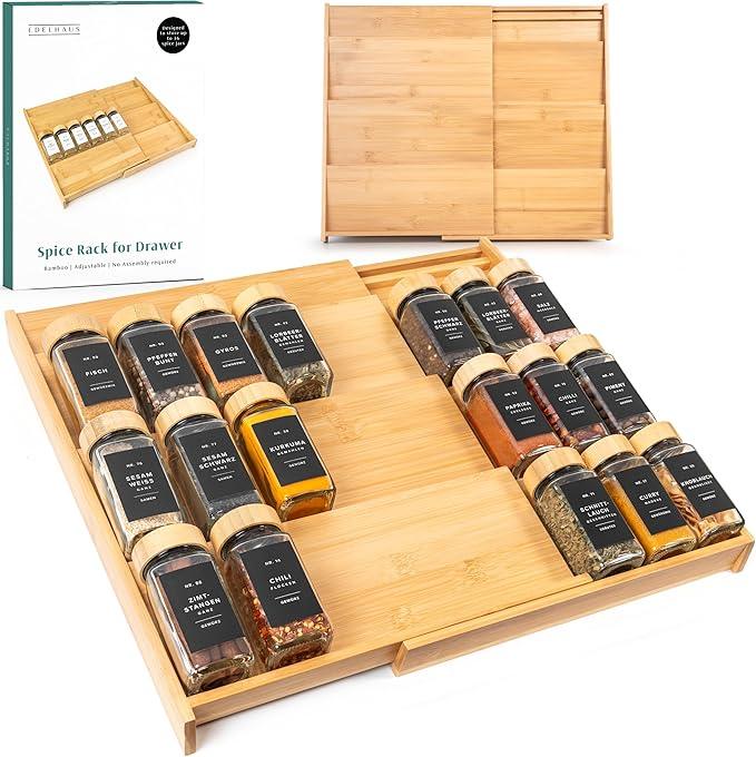 Bamboo Spice Drawer Organizer - Expandable 4 Tier Spice Rack (Need 3