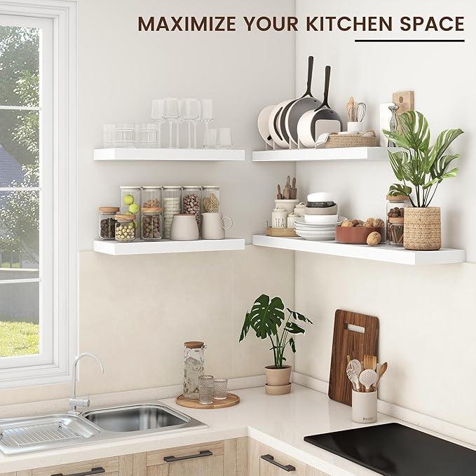 Floating Shelves - 2 Large Wall Mounted Shelves with Invisible Brackets, Long Wood Floating Wall Shelf for Living Room, Bedroom, Kitchen (White, 24