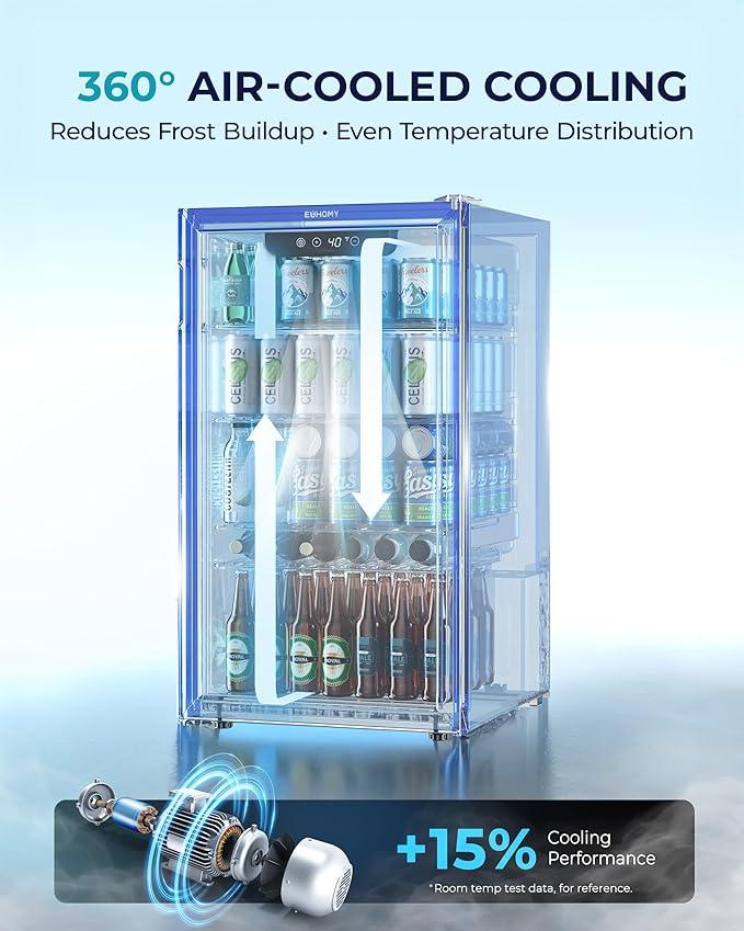 EUHOMY Beverage Refrigerator and Cooler, 128 Can Mini fridge with Glass Door, Small Refrigerator with Adjustable Shelves for Soda Beer or Wine, Perfect for Home/Bar/Office, Silver