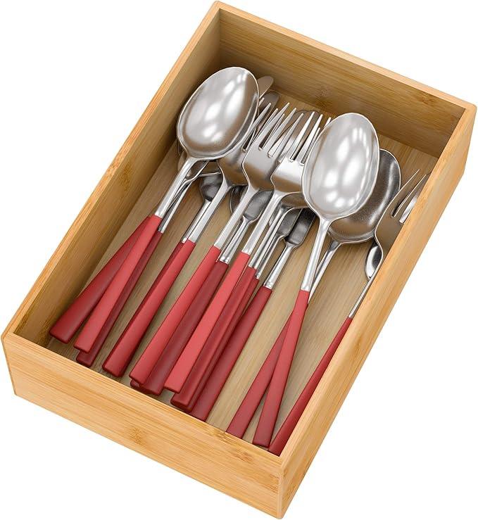 Bamboo Kitchen Drawer Organizer, Wooden Storage Box for Utensil Organizer Silverware Tray Cutlery Holder Flatware Containers - Multi-Use Deep Drawer Dividers Organizer for Bathroom, Jewelry (9