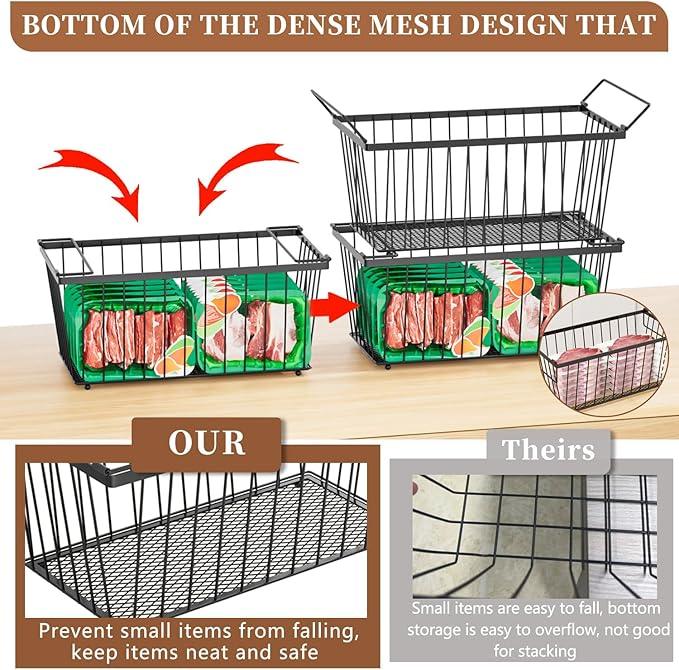 Freezer Organizer Bins，Upgraded Bottom Leak-Proof net，4 Pack，Encryption and Hardening ，Deep Freezer Organizer Bins for 5 to 7 Cu.FT Small Chest Freezer， Easy Get Bottom Foods