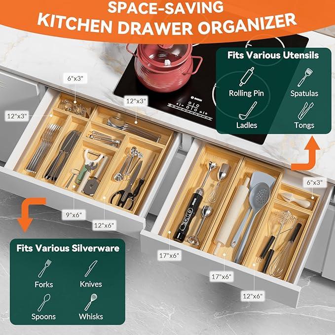 Bamboo Drawer Organizer, Narrow Stackable Cutlery Tray for Kitchen, 2 Pcs Silverware & Utensil Box, 12