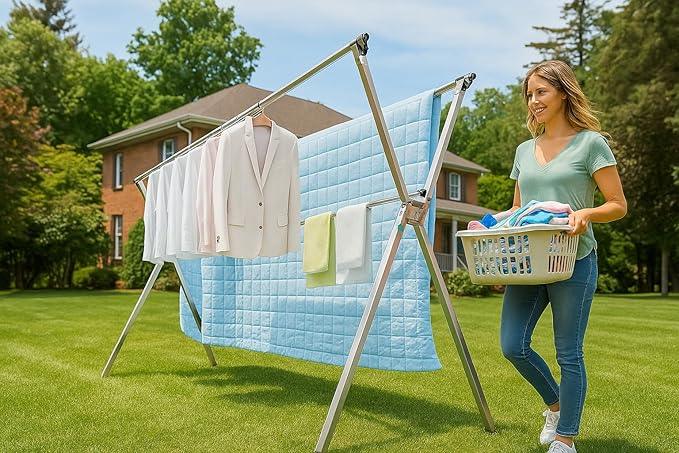 Clothes Drying Rack Folding Indoor Outdoor, Foldable Portable Laundry Drying Rack, Heavy Duty Laundry Hanger Dryer Rack with 20 Hooks (63.55'')