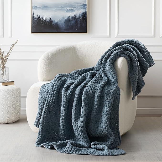Chunky Chenille Knit Throw Blanket for Couch, Soft Luxurious Moss Stitch Blankets for Bed, Cozy Decorative Farmhouse Knitted Throws for Sofa, Stormy Blue, 60