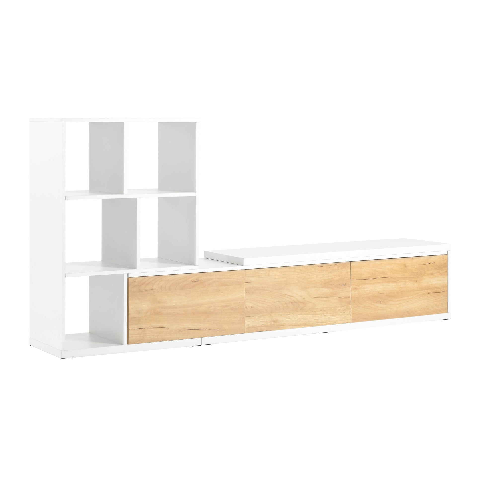 Angled view of Extendable TV Stand with 3 Tier Bookshelves, highlighting open shelving and wood-tone drawers for stylish storage.