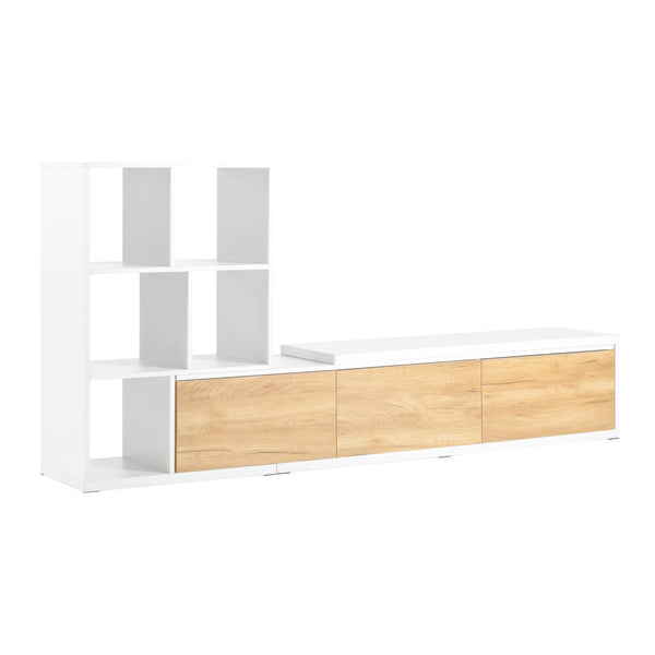 Angled view of Extendable TV Stand with 3 Tier Bookshelves, highlighting open shelving and wood-tone drawers for stylish storage.