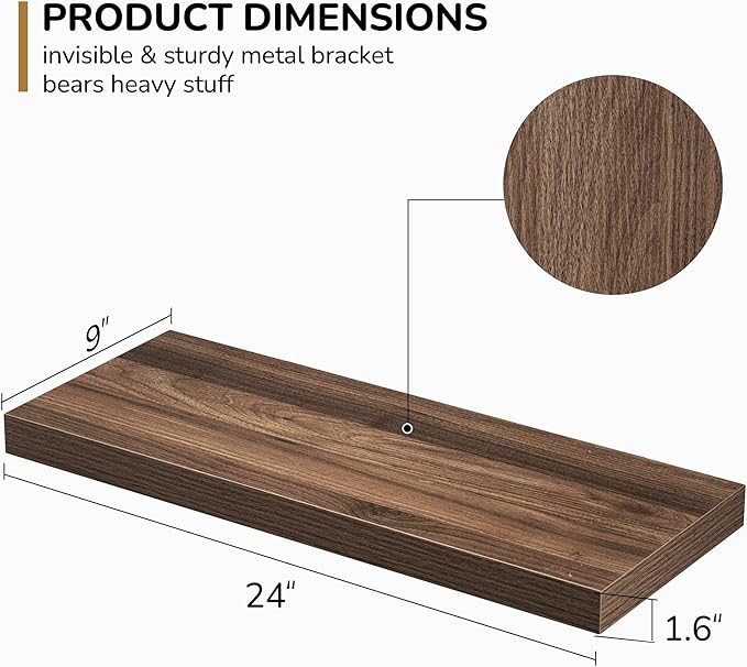 Fun Memories Floating Shelves - 24 Inch Rustic Wooden Wall Shelves - Extra Deeper & Thicker Wall Mounted Storage Shelf for Living Room, Kitchen, Farmhouse - 24