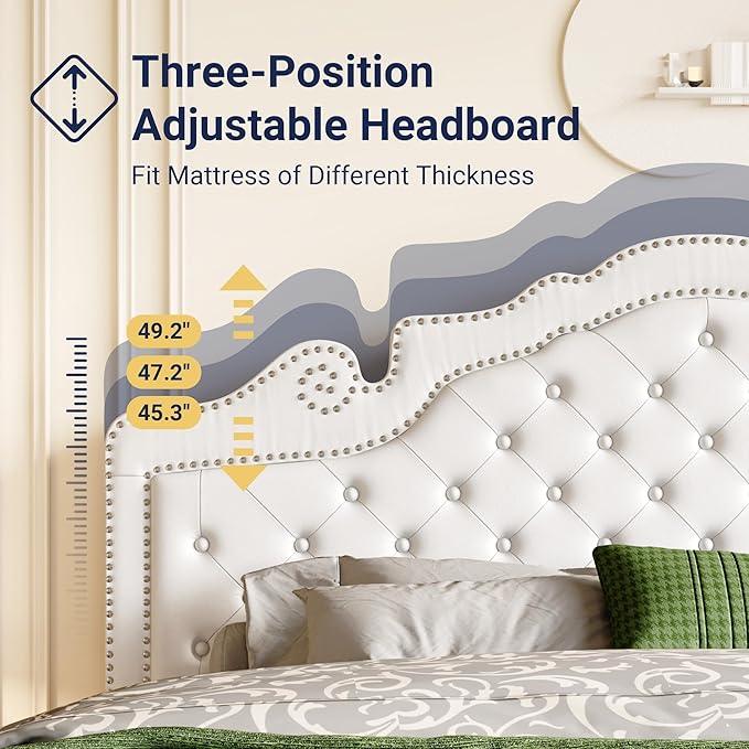 Allewie King Bed Frame with Adjustable Velvet Tiara Headboard, Upholstered Diamond Button Tufted Platform Bed, Wood Slats Support, No Box Spring Needed, Mattress Foundation, Easy Assembly, White