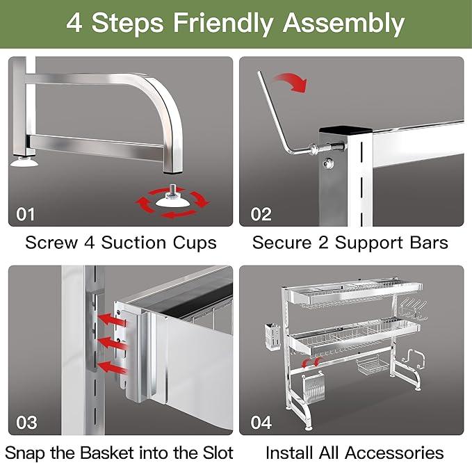 3 Tier Extra Large Stainless Steel Expandable Over The Sink Dish Drainer Drying Rack, Rust Proof Metal, Space Saving, Modern Silver Big Capacity Extendable Plate Strainers Above Kitchen Counter