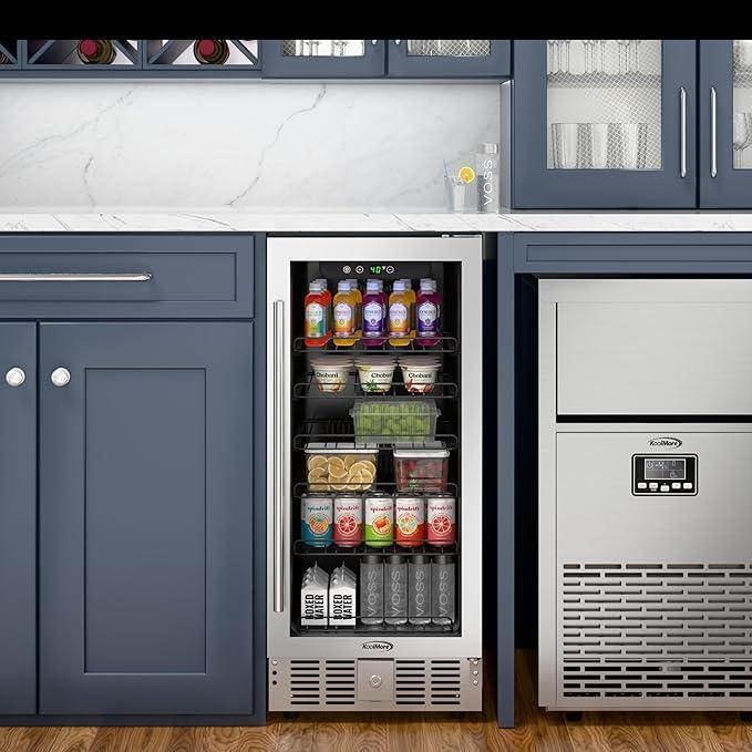 KoolMore 15” Inch Small Built-In Refrigerator and Beverage Cooler for Soda Cans, Beer Cans, Food and Fresh Snacks, 5 Wire Shelves, Adjustable Temperature Range (KM-BIR3C-GD), Stainless Steel