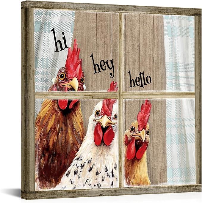 Visual Art Decor Rooster Decor Funny Chicken Picture Wall Decor Rustic Farmhouse Window Painting Framed 24x24 inch, Rustic Country Front Door Welcome Sign