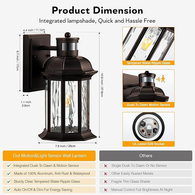 VIANIS Outdoor Light Fixture with Motion Sensor, 2 Packs Oil Rubbed Bronze Dusk to Dawn Exterior Garage Wall Sconce Lighting, 100% Aluminum Outside Porch Lights for House with Tempered Ripple Glass