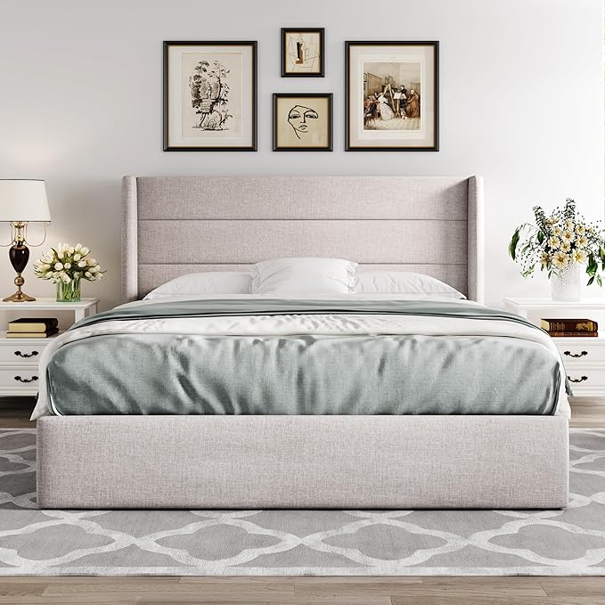 Allewie Full Size Lift Up Storage Bed, Modern Wingback Headboard, Hydraulic Support, No Box Spring Needed, Light Beige