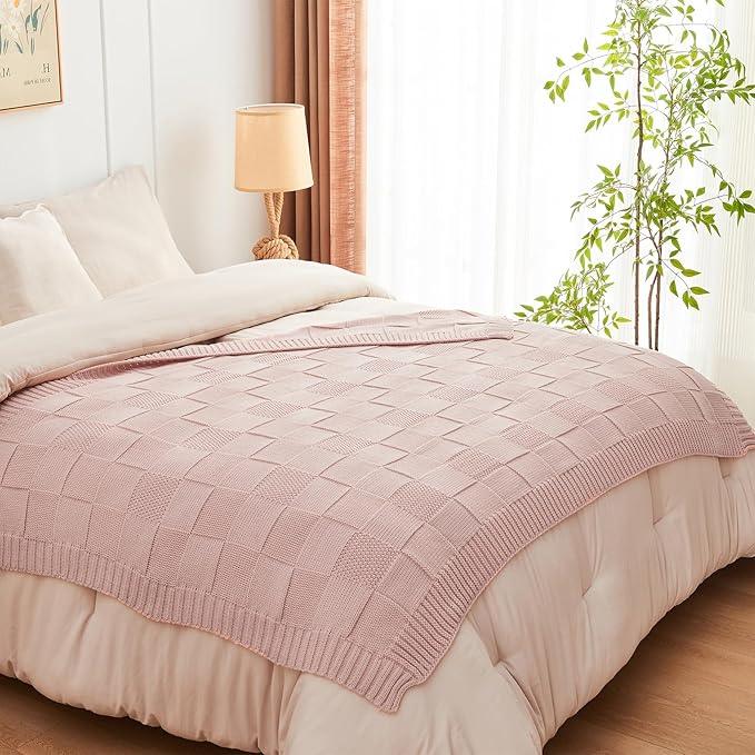 CozeCube Check Knit Throw Blanket, Pink Checkered Throw for Couch, Decorative Christmas Soft Cozy Warm Knitted Blanket for Bed Sofa Living Room, 50