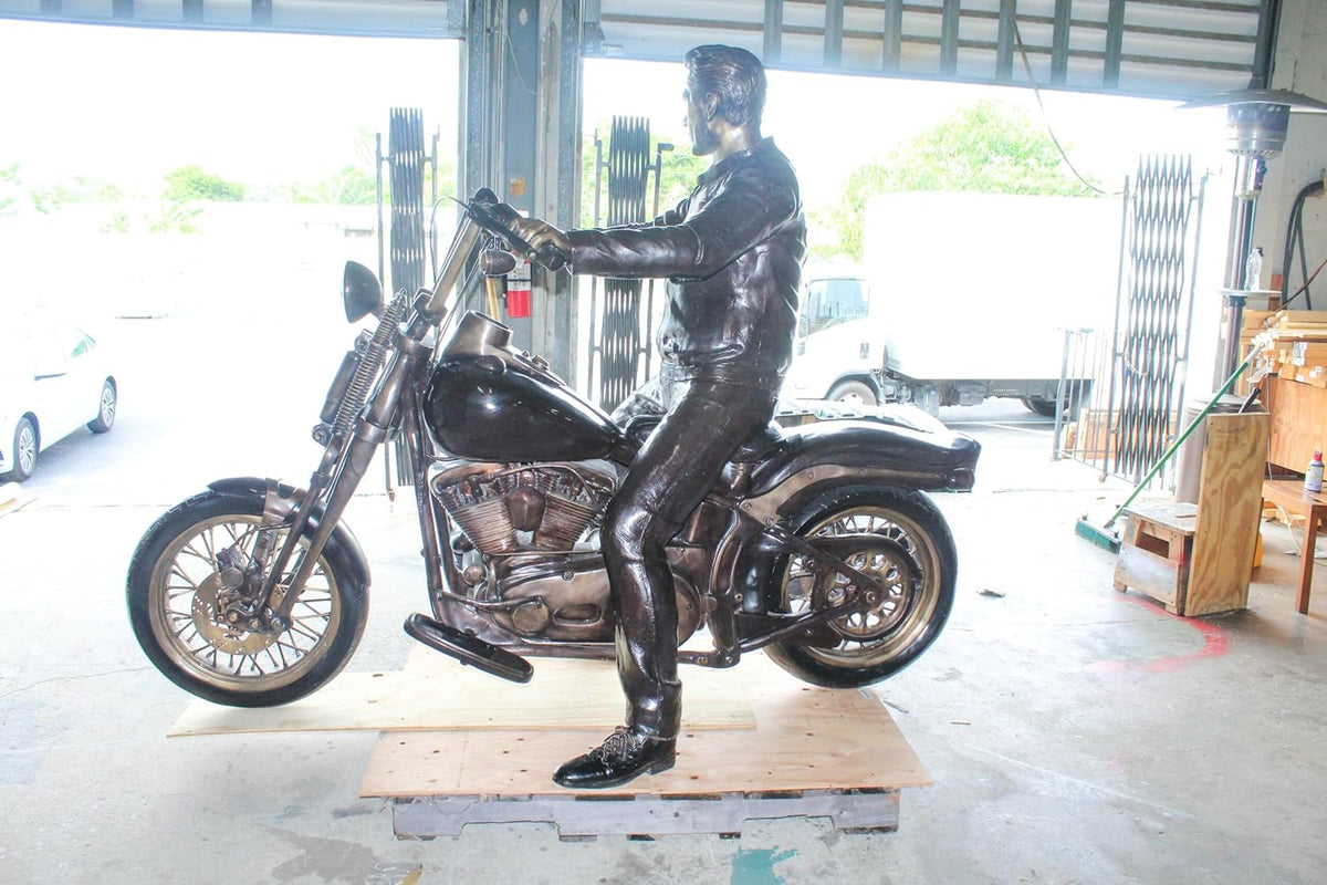 Bronze Sculpture of Man on His Motorcycle Life Size 
 94