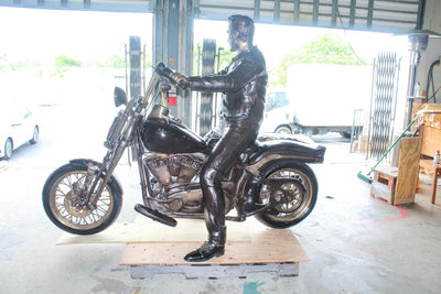 Bronze Sculpture of Man on His Motorcycle Life Size 
 94