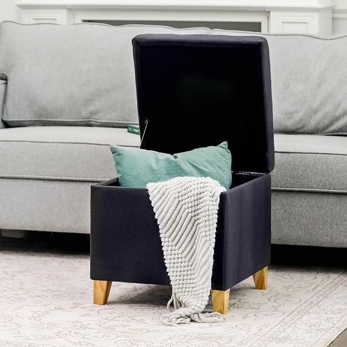 Adeco Fabric Storage Ottoman Bench with Solid Wood Legs, 17.7