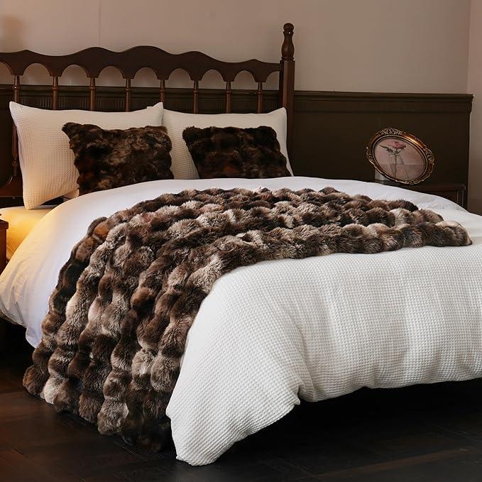 BENVWE Fluffy Faux Fur Throw Blanket for Couch, Soft Plush Thick Cozy Fuzzy Luxury Minky Bubble Blanket for Home Living Room Decor Gift for Women, Tie-dye Coffee, 50