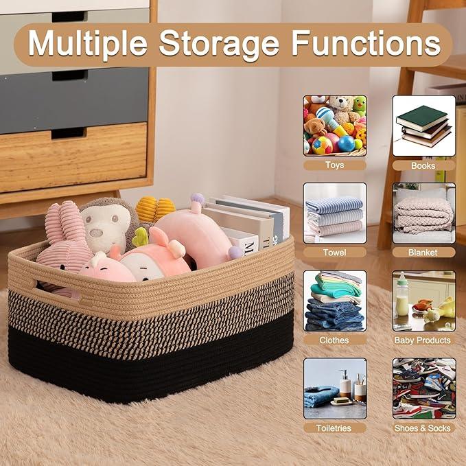 Large Storage Basket for Organizing, Woven Rope Basket for Shelves, Closet Organizer Bins for Clothes, Blanket, Toys, Baby Nursery Storage, 17.7