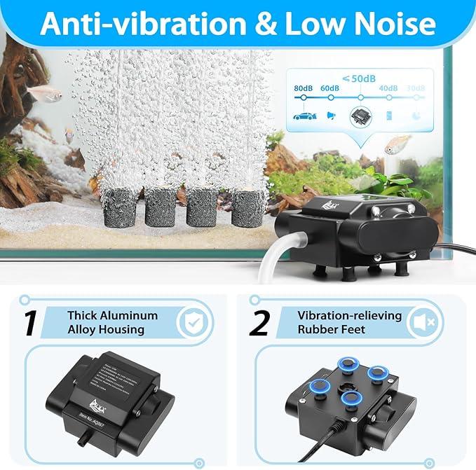 AQQA Aquarium Air Pump Powerful Pond Aerator Oxygen Pump 4 Outlets Adjustable Hydroponic Air Bubbler Pump with Air Stone Tube Air Valves for Up to 1000Gal (15W,356GPH)