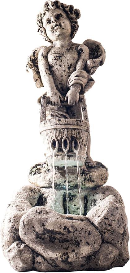 Outdoor Water Fountain With LED Lights, Lighted Cherub Angel Fountain With Antique Stone Design for Decor on Patio, Lawn and Garden By Pure Garden 10.25x15