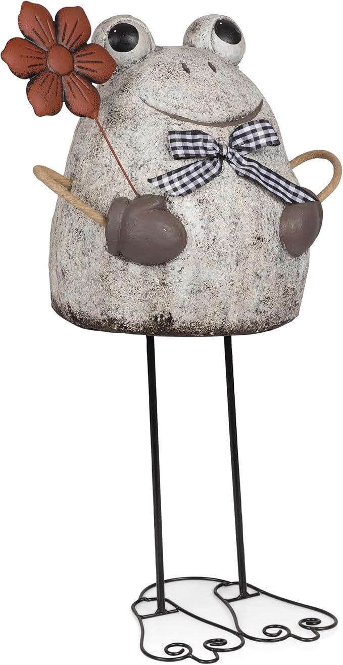 Alpine Corporation MCC860 Indoor/Outdoor Frog with Flower Garden Statue, Stone Finish Frog Statue for Yard, 24