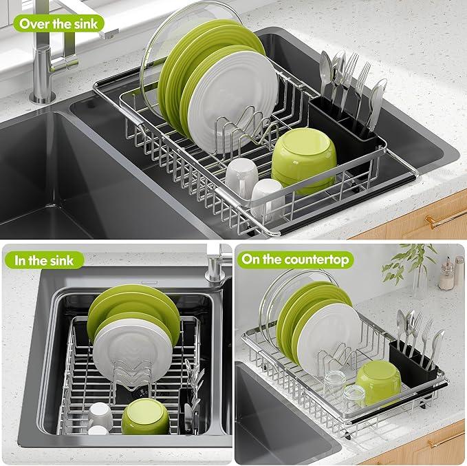 Dish Drying Rack in Sink, Expandable Stainless Steel Dish Drainer for Kitchen Sink, Dish Strainer Rack, Retractable Over Sink Dish Rack with Utensil Holder, 13.1''~16.6''D x 11.8''W, Silver
