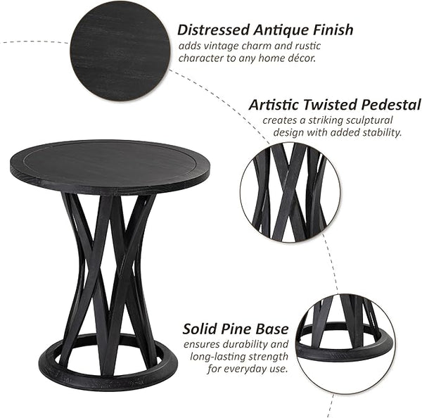 Round Farmhouse End Table with Crisscross Pedestal Base, Distressed Finish Side Table Rustic Accent Table for Living Room, Pine Wood, Black