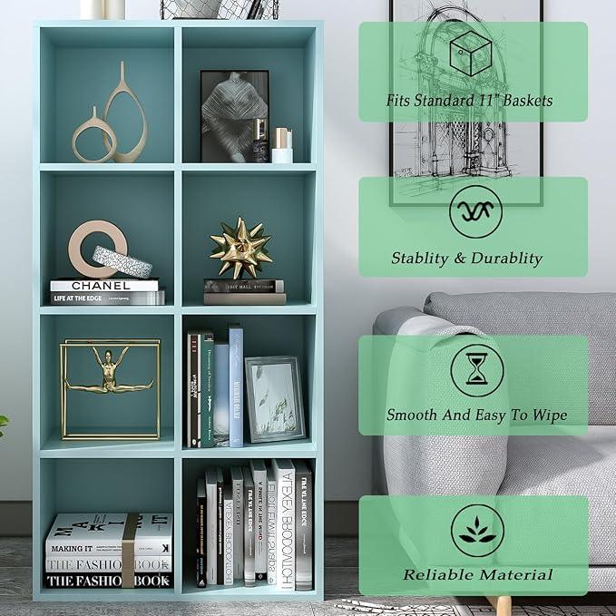 8-Cube Storage Shelf Bookcase - Wooden 4-Tier Floor Standing Open Bookshelf, Modern TV Stand up to 55 Inchs for Home and Office, Light Blue